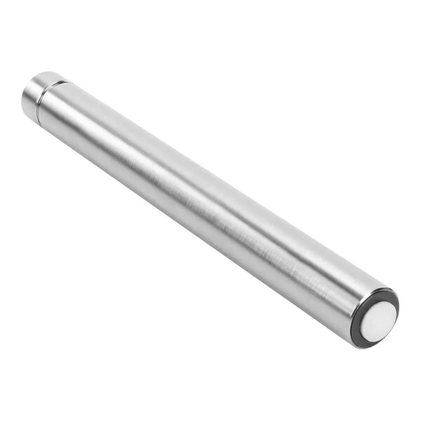 A stainless steel cylinder with a black handle.