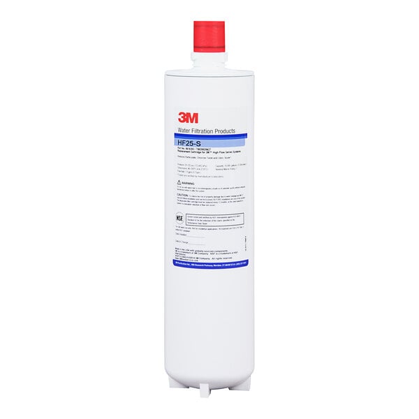 A 3M water filtration cartridge with a white cylinder and red cap.