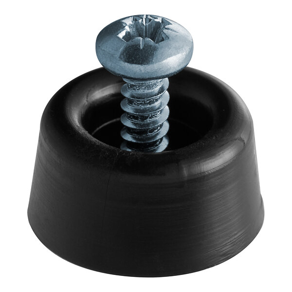 A screw sitting in a black plastic base with a black rubber stopper.