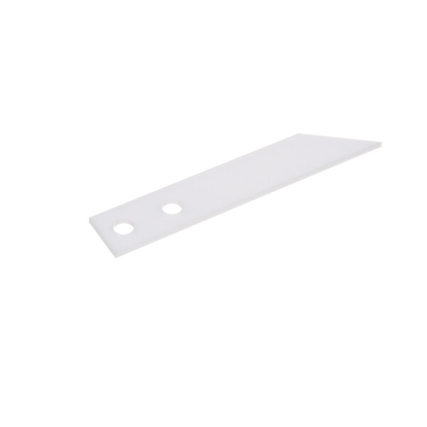 A white rectangular plastic scraper blade with a hole in it.