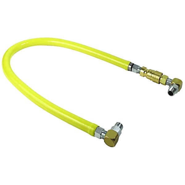 A yellow hose with metal fittings and a coupler.