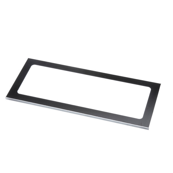 A rectangular black metal plate with a glass window in it.