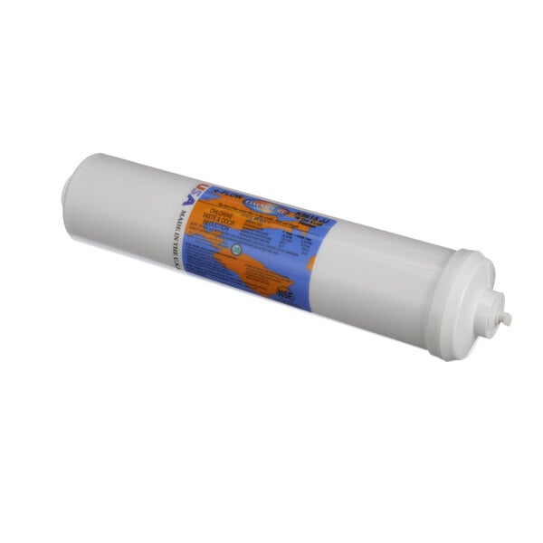 A white Omnipure water filter cartridge with a blue and white label and orange accents.