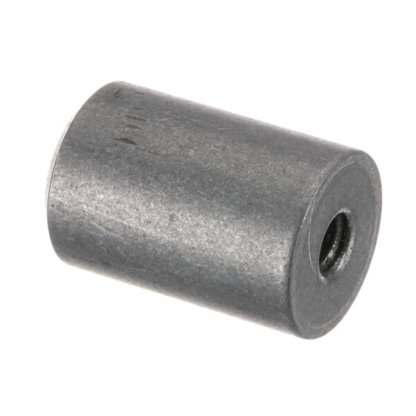 An aluminum threaded cylinder with a hole in it.