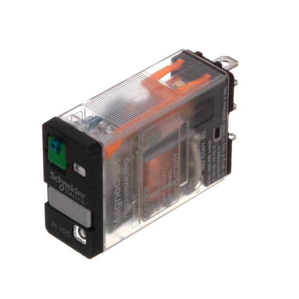 A clear plastic box with a clear cover containing a small black and orange Jackson Relay.