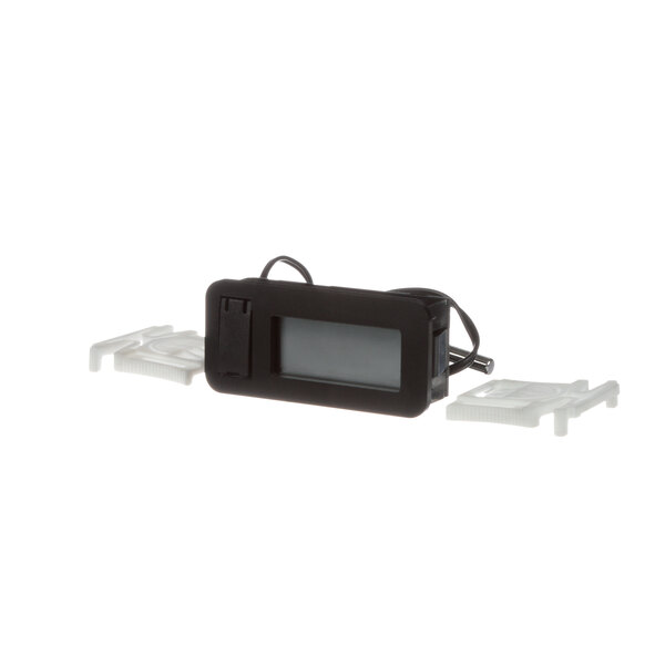An Amtekco digital thermometer with a clear rectangular screen and two white wires.