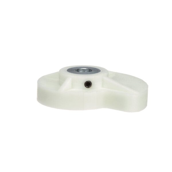 A white plastic thickness adjustment cam for a German knife meat slicer with a metal screw.