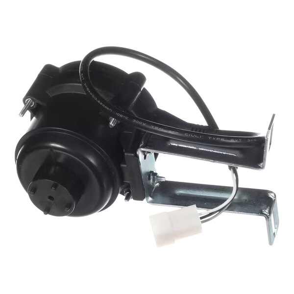 A black Stoelting by Vollrath fan motor with a wire attached.