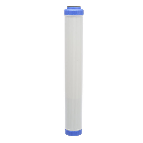 A white and blue water filter cartridge with a blue cap.