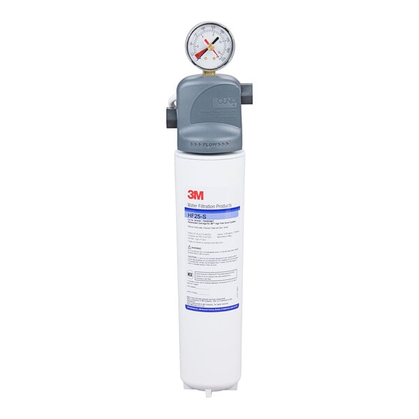 A 3M water filter cartridge for ice machines with a white label and grey and white body.