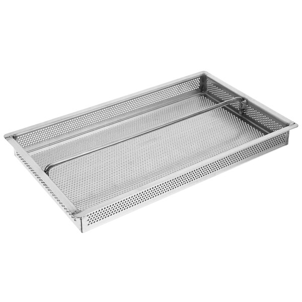 A metal Jackson Tub Strainer Weldment tray with holes and a handle.
