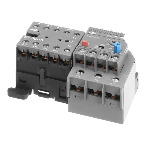 A close-up of a grey and black Jackson Overload and Contactor Kit with blue and red buttons.