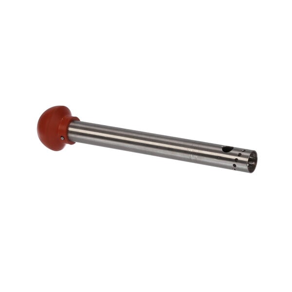 A metal tube with a red rubber tip and a long metal rod.