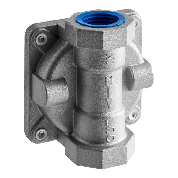 A metallic valve or regulator with a cylindrical body, hexagonal ends, and a blue-lined threaded opening, mounted on a square plate with four screws.