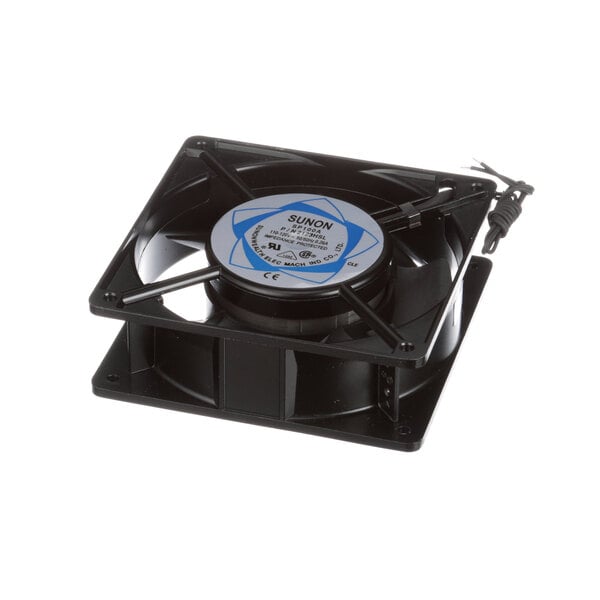 A black fan with blue blades.
