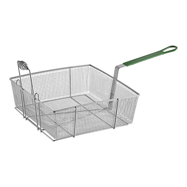 A wire fryer basket with a green handle.