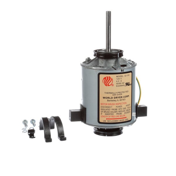 A World Dryer motor with a black housing and metal rod.