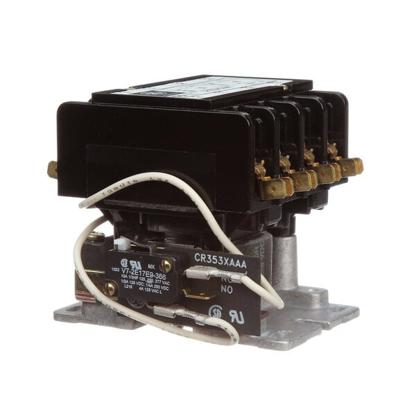 A close-up of a Jackson Contactor with black and silver electrical device inside a black box.