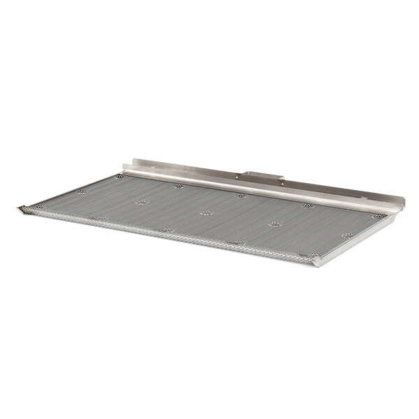 A silver metal shelf with a mesh pattern.