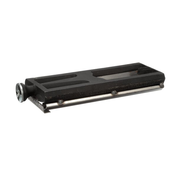 A black metal rectangular burner tray with a metal handle and a screw on it.