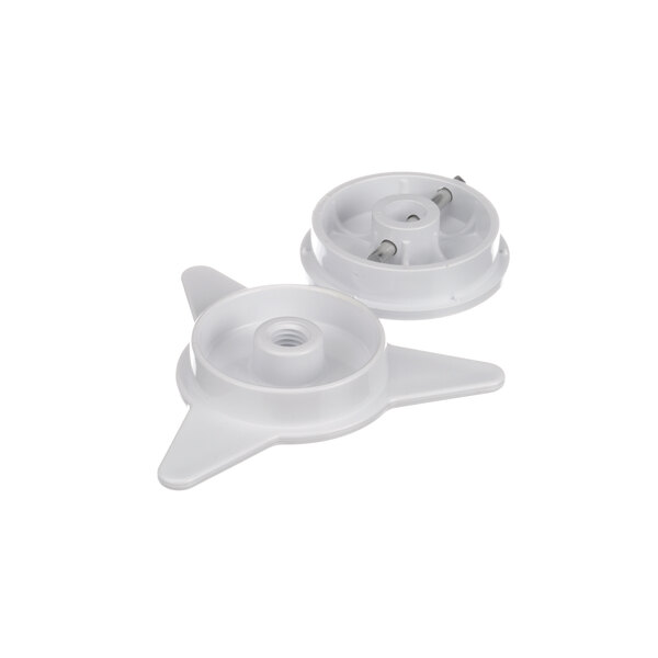 A white plastic wheel with metal rods.