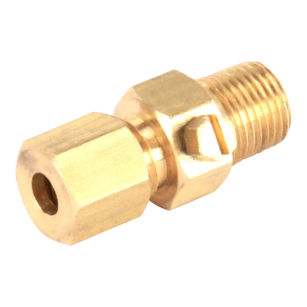 A Royal Range brass threaded male connector with a gold nut.
