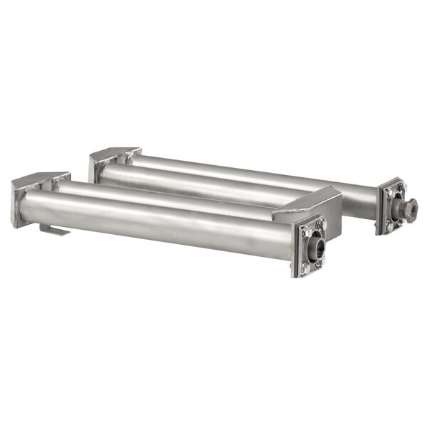 A pair of metal cylinders with stainless steel pipe holders.