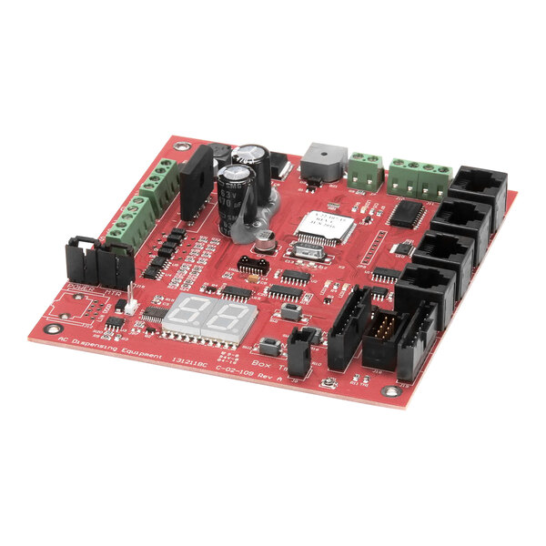 A red SureShot Solutions dispenser control circuit board with many small black and green components.