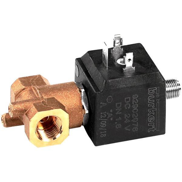 A close-up of a Schaerer brass solenoid valve with a gold nut.
