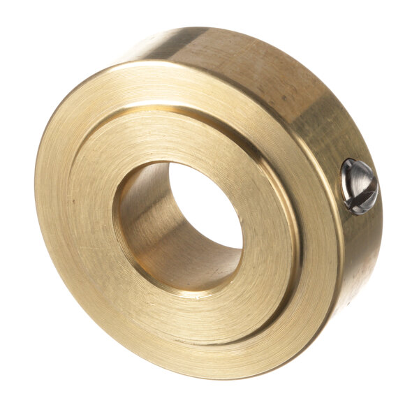 A close-up of an Alfa brass collar with a screw in the center.