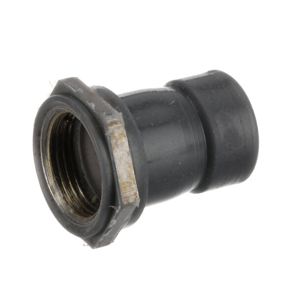 A black plastic pipe fitting with a metal ring and a nut.