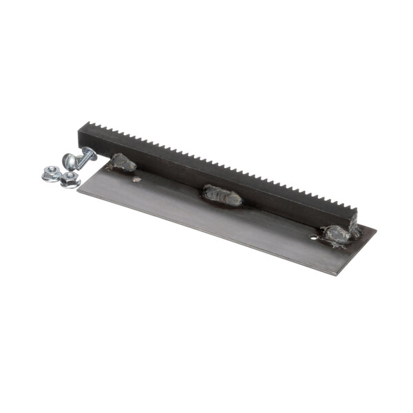 A metal gear with a bracket on a white background.