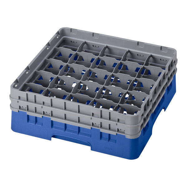 A blue and gray plastic Cambro glass rack with 25 compartments.