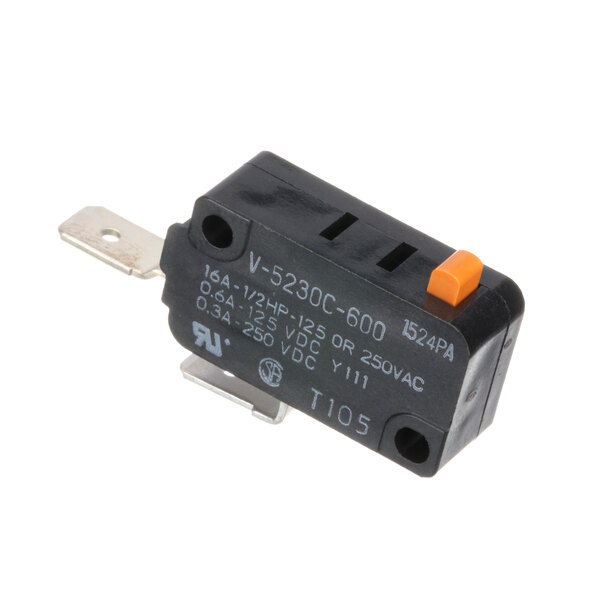 A black electrical device with an orange button.