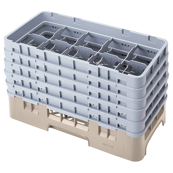 A beige plastic Cambro rack with 10 compartments and 5 extenders on a white background.