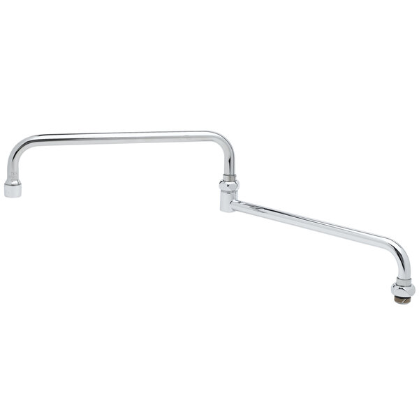 A T&S chrome double joint swing nozzle with a metal bar and screw on the end.