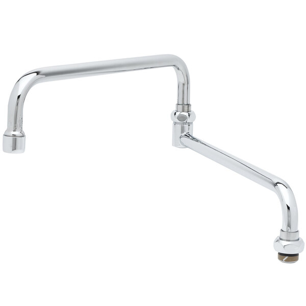 a chrome faucet with a long curved arm