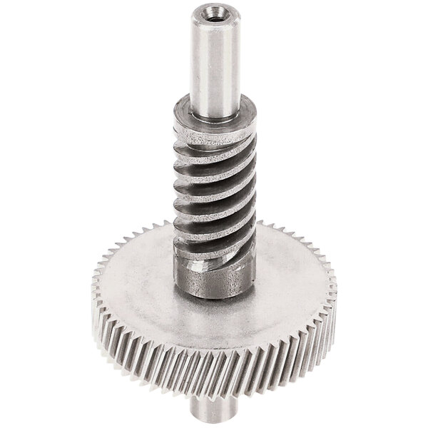 A metal spiral gear with a small gear on it.