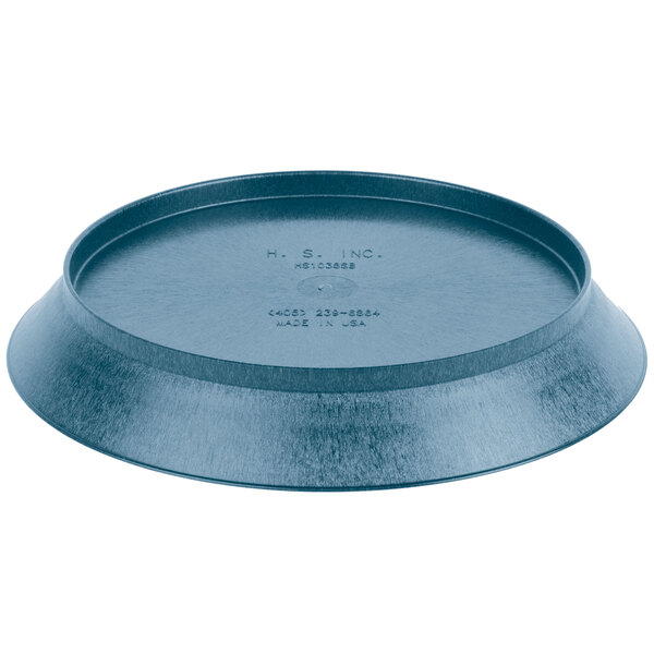 A blue HS Inc. polypropylene deli server with a metal rim and text on it.