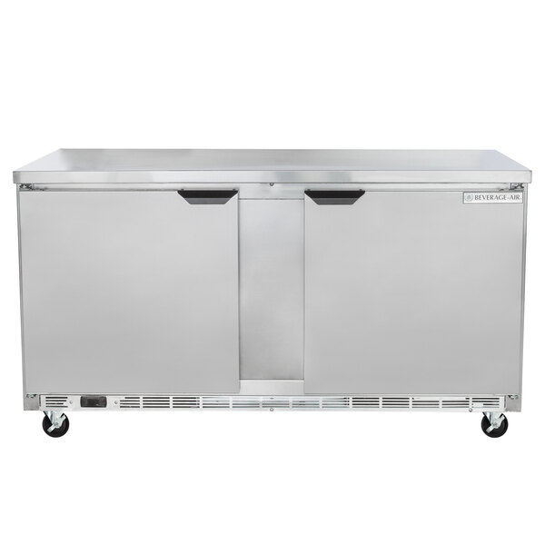 A silver Beverage-Air worktop freezer with two doors.