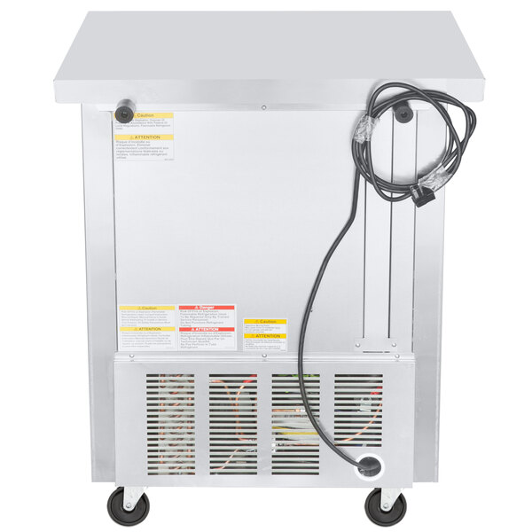 The back of a Beverage-Air stainless steel undercounter freezer with a power cord and a fan.