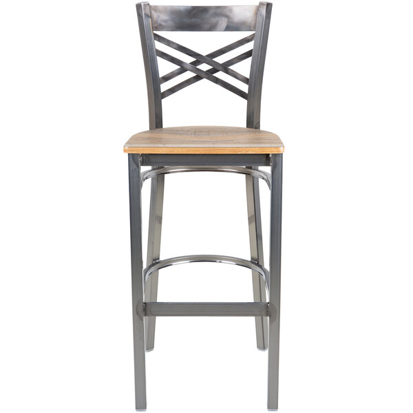 Lancaster Table & Seating Clear Coat Steel Cross Back Bar Height Chair with Driftwood Seat