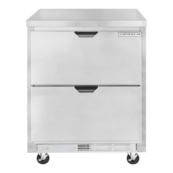 A stainless steel Beverage-Air undercounter refrigerator with two drawers.