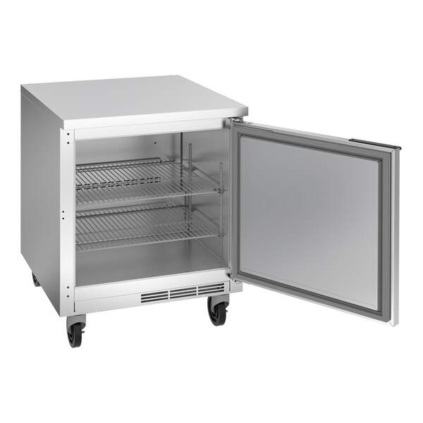 A silver Beverage-Air undercounter refrigerator with a door open.