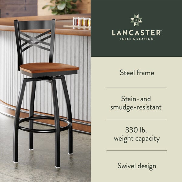 Graphic showing a cross back bar stool with antique walnut seat, black frame, and features.