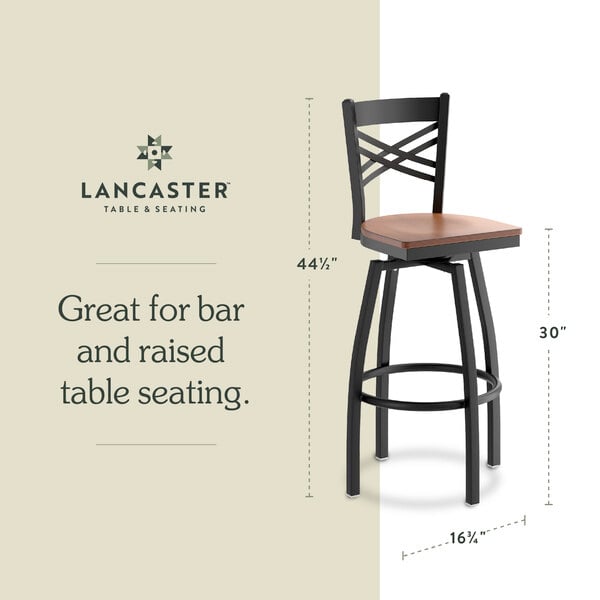 Graphic showing a cross back bar stool with antique walnut seat and dimensions.
