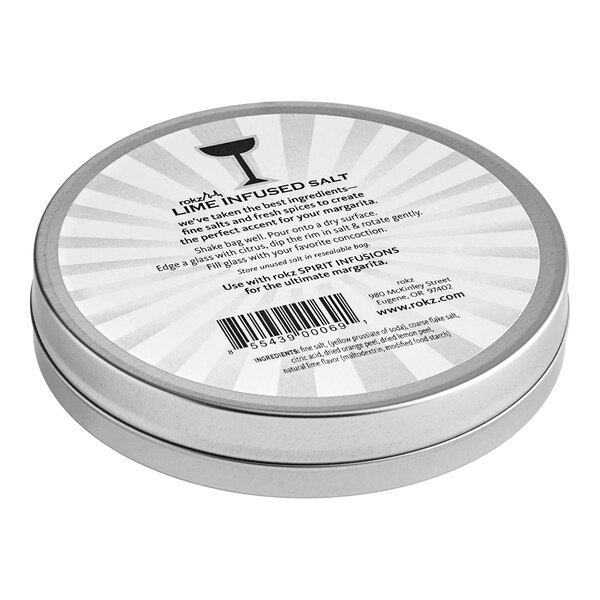 A round silver tin of Rokz Natural Lime Margarita Infused Cocktail Rimming Salt with a label.