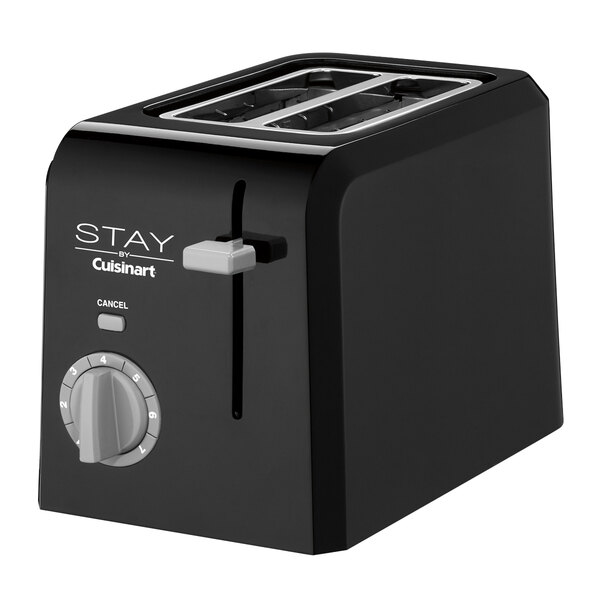 A black STAY by Cuisinart toaster with a dial and a knob.