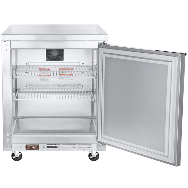 A Beverage-Air undercounter freezer with a door open.