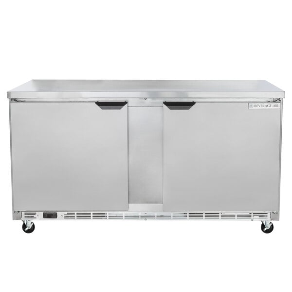 A stainless steel Beverage-Air worktop refrigerator with two doors.